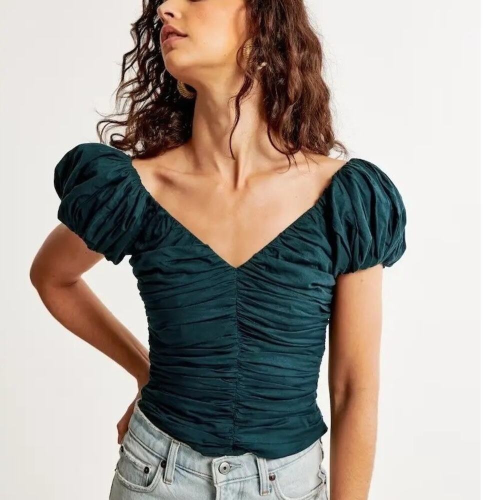 Abercrombie & Fitch Ruched Puff Sleeve Top S Blue Coquette Romantic Prep Cottage